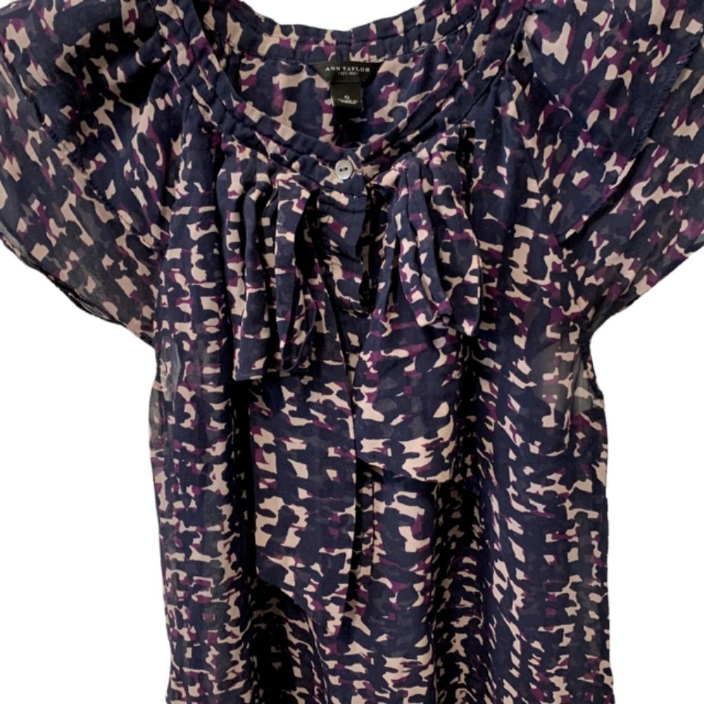 Ann Taylor Graphic Sheer Ruffle Silk Top Small - Picture 5 of 12
